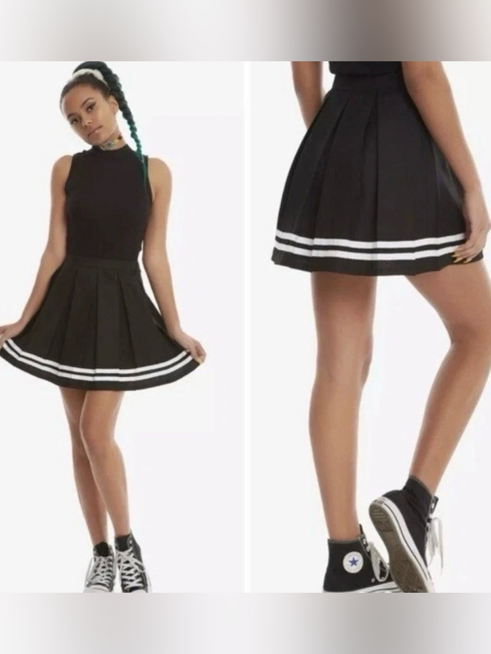 Hot Topic Black Pleated Cheer Skirt with White Double Stripe